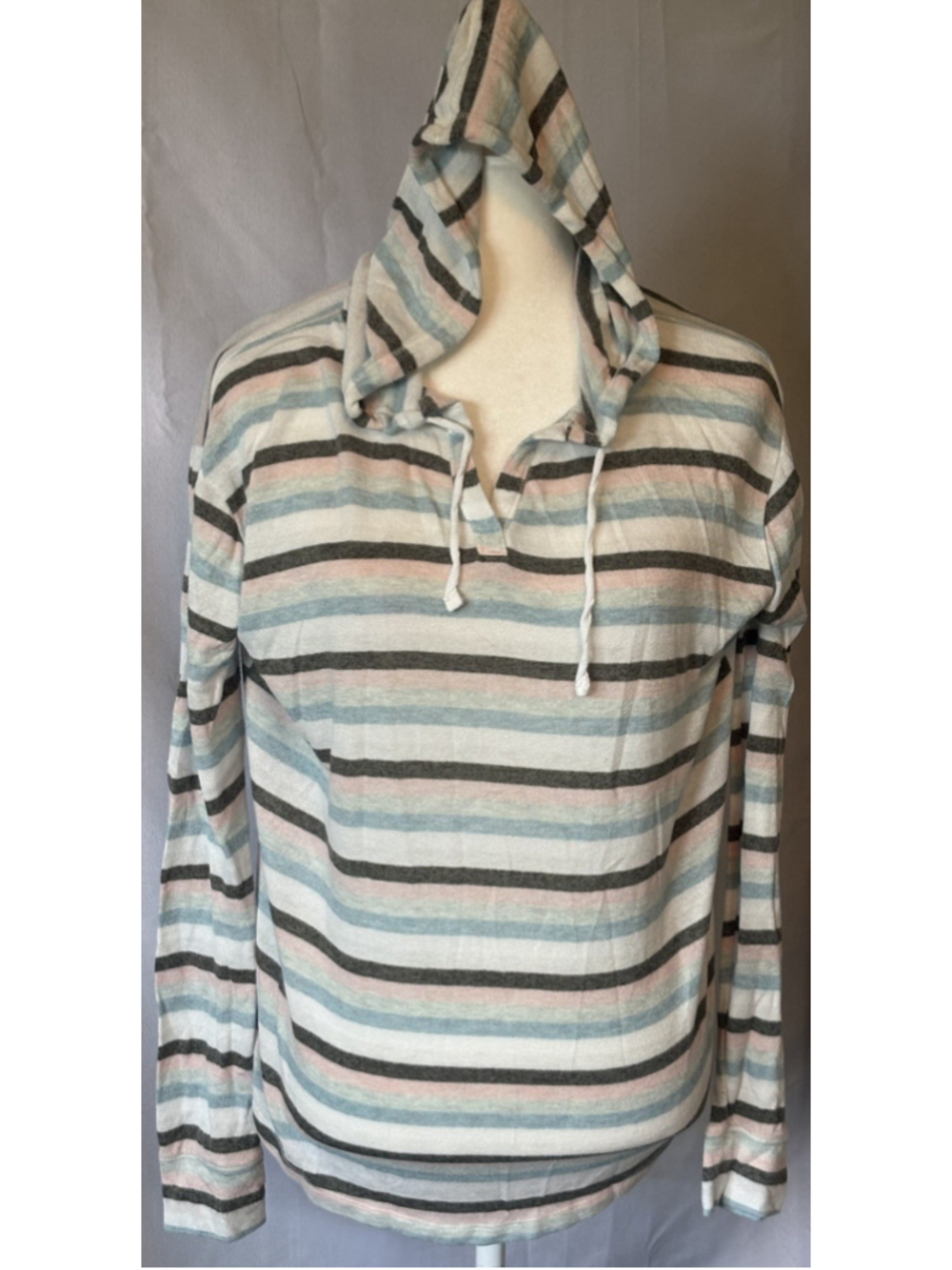 SO Womens M Hoodie Knit Sweater Striped Pastel Pink Blue Lightweight Soft V Neck